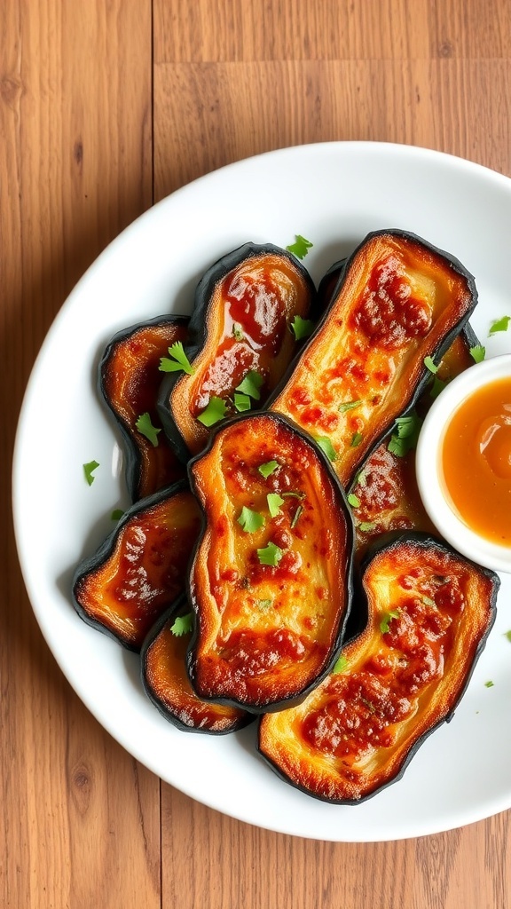 Crispy Air Fryer Eggplant Bacon Recipe Crispy air fryer eggplant bacon slices on a plate, garnished with herbs and a dipping sauce.